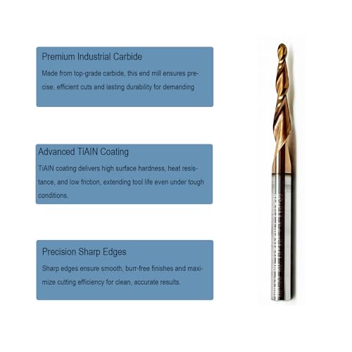 5Pcs Tapered Ball Nose End Mill Set, 1/8” Shank, 0.75mm Radius (1.5mm Diameter) Tips, Premium CNC Router Bits for Precision 3D Woodworking and Detail Carving