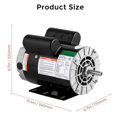 Air Compressor Motor 5HP, 3450RPM 184T Frame 230V Electric Motor with 5/8" Keyed Shaft & Dual Rotation, 1.88" Shaft Length for Industrial Air Compressors, Pumps, Tools
