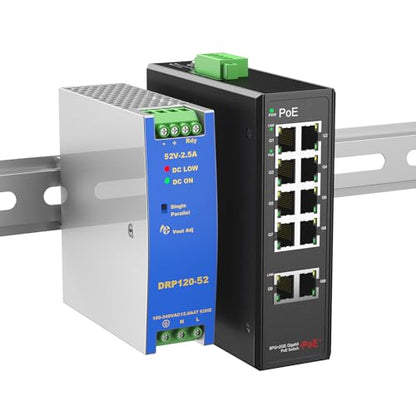 Industrial 8-Port Full Gigabit POE+ Switch with Industrial DIN-Rail Power Supply, 2 Gigabit Uplink Port, Total 120W Budget, DIN-Rail POE Switch for IP Cameras, VoIP Phones, Wireless APs