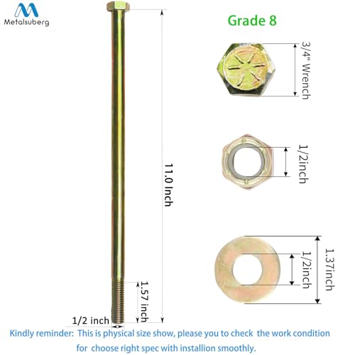 1/2" x 11" Hex Head Bolt by Color Galvanization with Nylon Lock nut and Large Size Washer Assortment Kit,Alloy Steel,Grade 8.(4pcs Pack) - size: Grade 8 1/2" x 11"