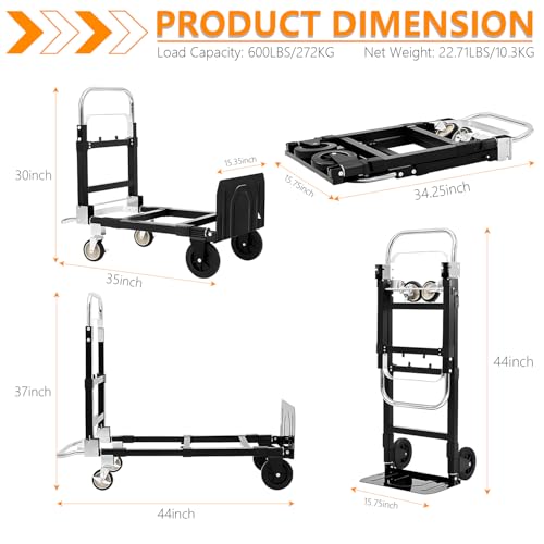 SST Upgraded Folding Hand Truck Dolly Cart, 600 LB Heavy Duty Luggage Cart, 3 in 1 Folding Hand Cart with Wheels and Bungee Cords for Moving Travel Shopping Airport Office - color: Black-01