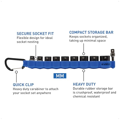 VEGA 3/8 Socket Set Metric - Mechanics Tool Set Impact Grade Socket and Socket Adapter. Includes Holder and Carabiner (10pc) - style: Metric