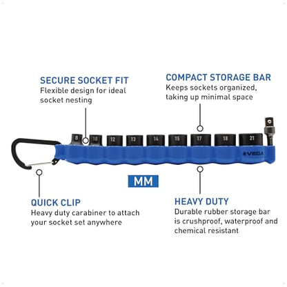 VEGA 3/8 Socket Set Metric - Mechanics Tool Set Impact Grade Socket and Socket Adapter. Includes Holder and Carabiner (10pc) - style: Metric