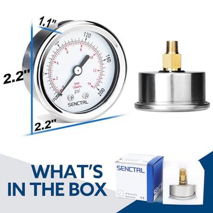 SENCTRL 0-200 Psi Pressure Gauge, 1/8" NPT Back Mount - size: 0-200Psi, style: Back Mount (1/8" NPT)