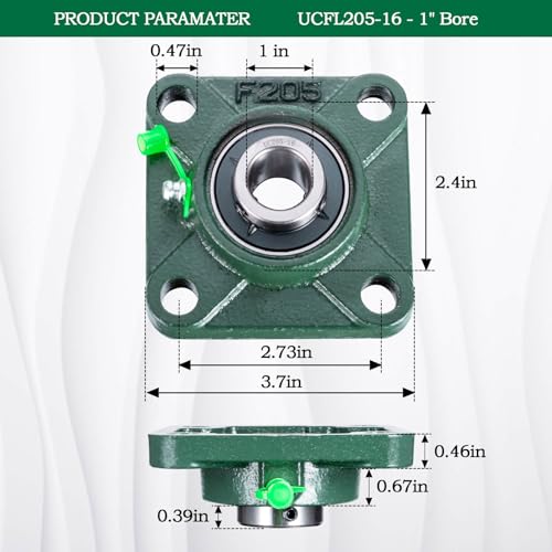 Pillow Block Bearing 1 inch Shaft Bore, Square Flange Mounted UCF205-16 Solid Cast Iron Base, Swamp Cooler Parts, Self-Aligning, 2Pack - size: UCF-205-16
