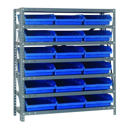 Quantum Storage Systems 1239-109BL Steel Shelving Unit with 4" Shelf Bins, 12" D x 36" W x 39" H, Blue - size: 39" H x 36" W x 12" D, style: 12" L x 12" W x 4" H 18 Economy Blue Bins