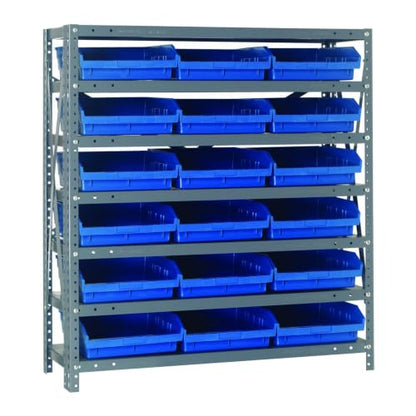 Quantum Storage Systems 1239-109BL Steel Shelving Unit with 4" Shelf Bins, 12" D x 36" W x 39" H, Blue - size: 39" H x 36" W x 12" D, style: 12" L x 12" W x 4" H 18 Economy Blue Bins