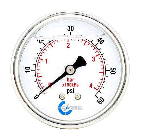 2" Pressure Gauge, Stainless Steel Case, Chrome Plated Brass Connection, Liquid Filled, 0-60 psi/kPa, Back Mount 1/4" NPT