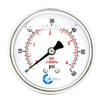 2" Pressure Gauge, Stainless Steel Case, Chrome Plated Brass Connection, Liquid Filled, 0-60 psi/kPa, Back Mount 1/4" NPT