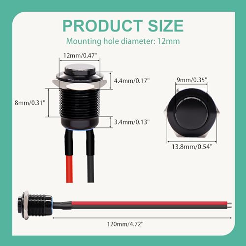Twidec/5PCS 12mm Momentary Push Button Switch ON Off Mini Round Waterproof Black Shell 12V 24V 36V 110V 250V 2A Raised Head with Pre-soldered Wires M-12-BK-G-X - color: Black-12mm-metal shell, size: Momentary