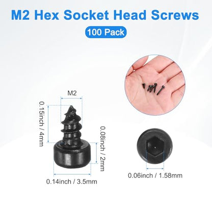 M METERXITY 100 Pack Hex Socket Head Screws, M2x4mm Stainless Steel Bolts Full Thread Self Tapping Screws for Furniture Machinery Electrical Appliances [Black] - size: M2x4mm
