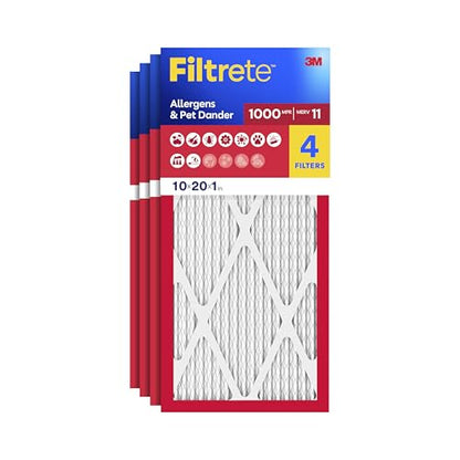 Filtrete 10x20x1 AC Furnace Air Filter, MERV 11, MPR 1000, Micro Allergen Defense, 3-Month Pleated 1-Inch Electrostatic Air Cleaning Filter, 4 Pack (Actual Size 9.81x19.81x0.81 in) - size: 10x20x1