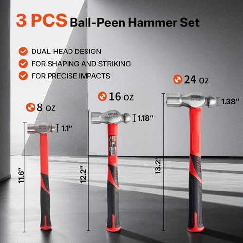 BLACK CANYON 3-Piece Ball Peen Hammer Set, 8 oz, 16 oz & 24 oz Dual-Head High Carbon Steel Hammers with Fiberglass Handles, Non-Slip Grips for Metalworking, Automotive Repair, Riveting & DIY - size: 8oz&16oz &24 oz