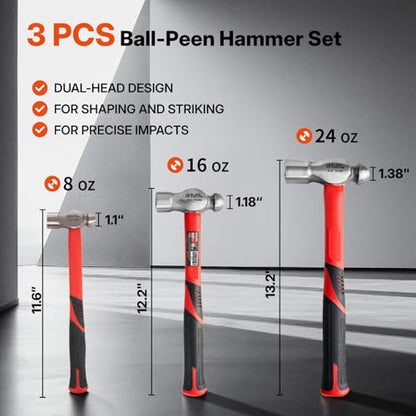 BLACK CANYON 3-Piece Ball Peen Hammer Set, 8 oz, 16 oz & 24 oz Dual-Head High Carbon Steel Hammers with Fiberglass Handles, Non-Slip Grips for Metalworking, Automotive Repair, Riveting & DIY - size: 8oz&16oz &24 oz
