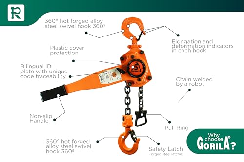 GORILA Manual Lever Hoist 360° | Manual Ratchet Chain Puller Hoist | 6610lbs - 10ft (3t - 3m) | Safety Factor 4:1 | Since 1989 - size: 6610lbs - 10ft / 3t - 3m
