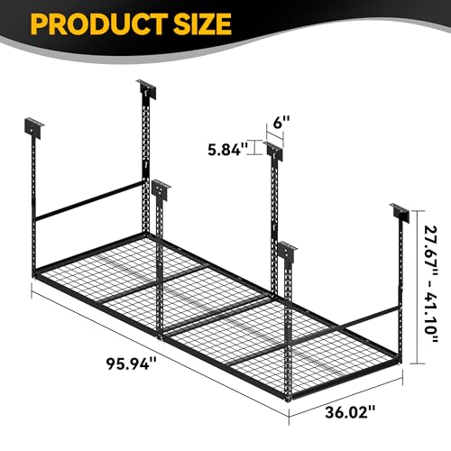 3x8 Ft Overhead Garage Storage Rack, 28-41 inch Height Adjustable Ceiling Mounted Organization Rack, 750 lbs Weight Capacity, 36"x96" Metal Rack for Garage Storage with Wire Decking - size: 3x8ft w/ Wire Decking