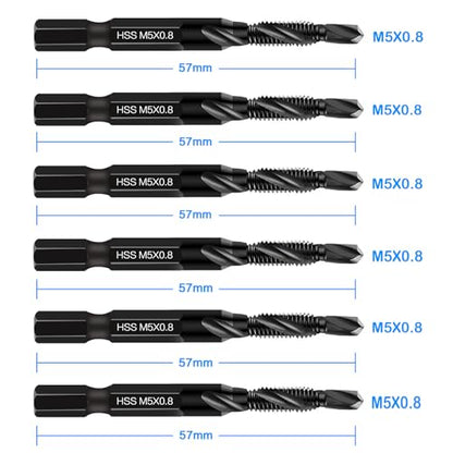 DKIBBITH 6 Packs M5 Combination Drill & Taps Bit Set, Screw Threading Tapping Tools in Size M5*0.8 with Anti-Rust Black Coating, 1/4" Hex Shank and Storage Case - size: M5x0.8