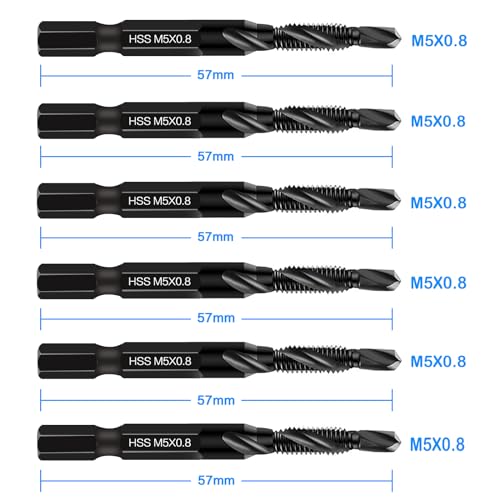 DKIBBITH 6 Packs M5 Combination Drill & Taps Bit Set, Screw Threading Tapping Tools in Size M5*0.8 with Anti-Rust Black Coating, 1/4" Hex Shank and Storage Case - size: M5x0.8