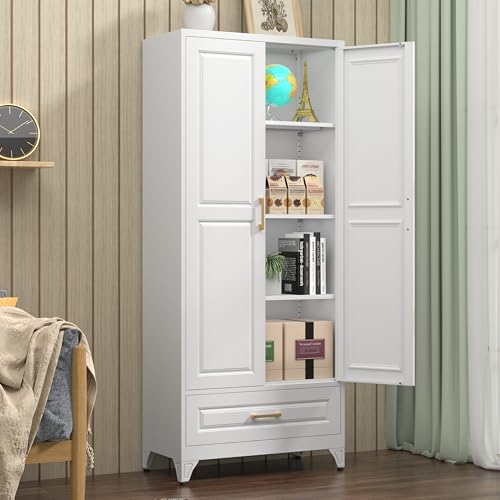 Polup 75" Metal Storage Cabinet, Tall Kitchen Pantry Cabinet with 1 Drawer - color: White, size: 75"H - 1 Drawer