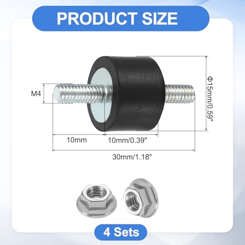 uxcell 4Pcs M4 x 10mm Rubber Mounts, 10 x 15mm Cylindrical Anti Vibration Isolator Studs Shock Absorber Double Studs with Nuts for Car Bobbin Generator Air Compressors - size: M4 x 10mm, 10 x 15mm