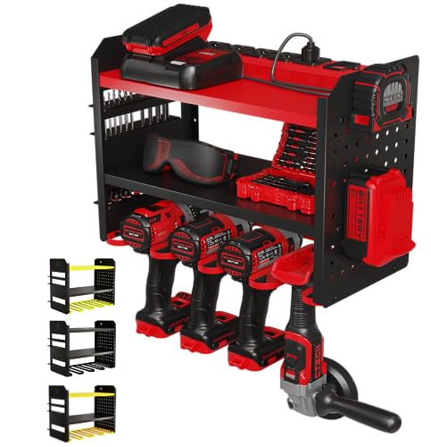 BUILTSTRONG Power Tool Organizer Wall Mount – 3-Tier Heavy-Duty Steel Rack, 4 Drill Slots, Pegboard + Utility Side, 100 lb Capacity – Garage, Workshop & Shed Storage (Red) - color: Red, size: 4 Drill Holder