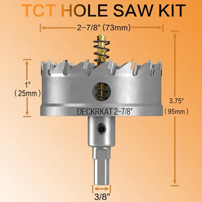 DECKRKAT 2-7/8" TCT Hole Saws for Hard Metal, Heavy Duty 73mm Tungsten Carbide Tipped Hole Cutters Set with Spring-Loaded Pilot Drill Bits for Stainless Steel, Metal, Iron, and Plastic. - size: 2-7/8" (73mm)