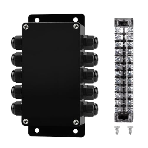 ABS IP67 Waterproof Dustproof Electrical Junction Box, with 15A 600V Barrier Terminal Cable Connector, 5 in/5 Out Power Junction Box（6.22 * 3.54 * 2.5in） - size: 5T5 6.22"x 3.54"x2.5"