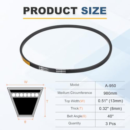 uxcell 3Pcs A950 Rubber V-Belt, 950mm Li x 13mm W x 8mm T, Classic Wrapped - size: A950