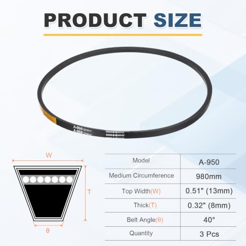 uxcell 3Pcs A950 Rubber V-Belt, 950mm Li x 13mm W x 8mm T, Classic Wrapped - size: A950