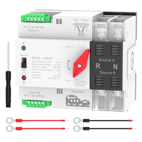 Automatic Transfer Switch 100A AC110V/220V, Dual Power ATS 2P/4P Automatic/Manual Transfer Switch din Rail mounting for Home Generator, RV，Public/Backup Power Supply - size: Automatic Transfer Switch 2P 110V
