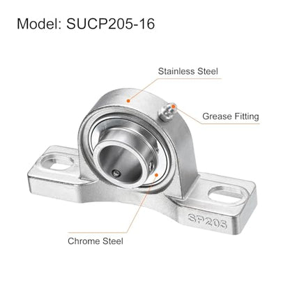 uxcell 2 Pcs SUCP205-16 Pillow Block Bearings 1 inch Bore Self Alignment, Stainless Steel Base Mounted Chrome Steel Bearings - size: SUCP205-16