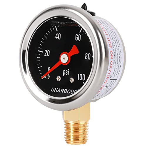 UHARBOUR Glycerin Pressure Gauge 0-100Psi, 1-1/2" Black Dial - size: 0-100PSI, style: Lower Mount（black dial）