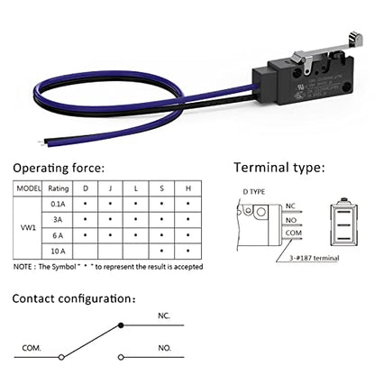 Hinge Roller Lever Waterproof Momentary Push Button Micro Limit Switch with Line 1NO Snap Action Mini Switches 2 Pins 1 Pc for Arduino, Appliance and Electronic Equipment - color: Hinge Roller Lever 2 Pin