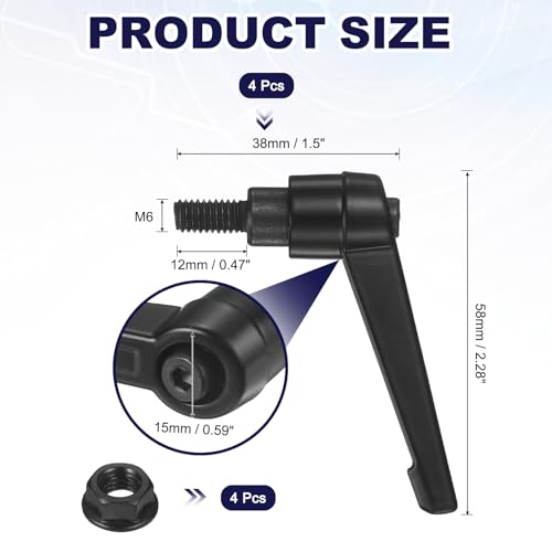 uxcell 4Pcs Adjustable Clamping Lever Handles, M6x12mm Zinc Alloy Male Thread Stud Knobs with Nuts Quick Release Bolt Rotating Screw Handles for Lathes Woodworking, Black - size: M6x12mm