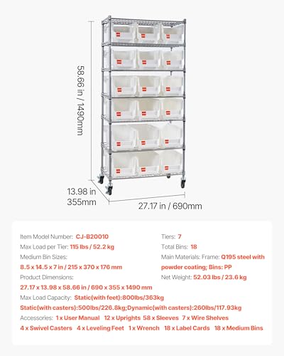 VEVOR 7-Tier Rolling Bin Storage Rack, 18 Organizer Bins, Bin Rack Storage Steel Wire Shelving System with Wheels, Mobile Tool Organizer for Garage, Warehouse, Office, Restaurant, Classroom, Kitchen - size: 7-Tier 18 Bins