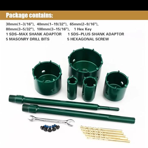 9PCS Concrete Hole Saw Kit, SDS Plus & Max Bit Shank, Tungsten Steel & Carbide Masonry Hole Saw Set, 30-100mm, Stone, Brick, Concrete