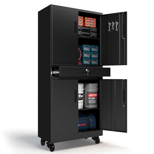 71'' Garage Storage Cabinet with Wheels,4 Locking Doors and 1 Drawer,Metal - color: Black, style: 71"H 2 doors 1 drawer with wheels