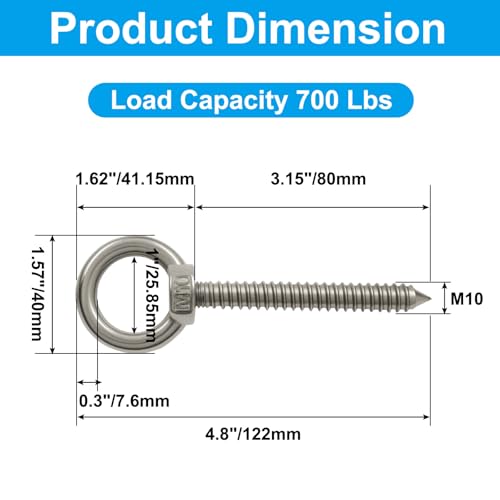 4pcs Heavy Duty Screw Eye Hooks M10-4.8 Inch Self Tapping Stainless Steel Eyelet Screw with 700 LBS Load Capacity for Hanging, Hammock & Swing Chair - size: 4.8 Inch