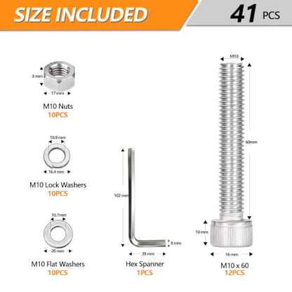 10 Sets Metric M10 Hex Socket Head Cap Screws Bolts Kit, M10-60mm Screws - size: M10 - 60mm