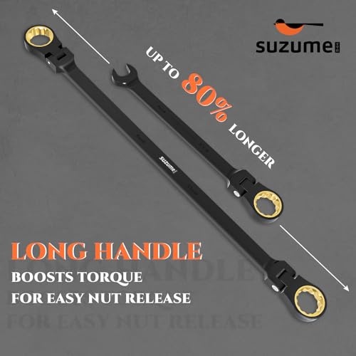 SUZUME Extra Long Flex Head Ratcheting Wrench 10-11mm Metric Double Box End 180° Flexible Head 72-Tooth 15K Gear Tested CR-V Steel Black Chrome Finish For Automotive Motorcycle and Appliance Repair - size: 10-11mm