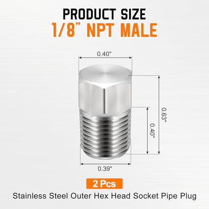 2 Pack SUS304 1/8" NPT Male Outer Threaded Pipe End Cap - size: 1/8" NPT Male