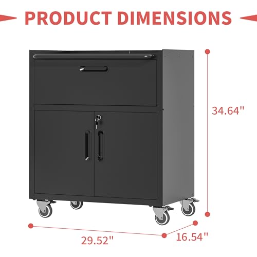 Metal Mobile Tool Storage Cabinet with 2 Locking Door and 1 Drawer - color: Black, style: 1 drawer 2 doors with wheels