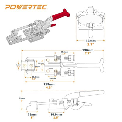POWERTEC 2PK Toggle Clamp, 700 lbs Holding Capacity, 431 Self-Lock U-Bolt Adjustable Latch w/Antislip Hand Grip for Woodworking Jigs & Fixtures, Smoker, Tire Carrier, Tool Box, Cabinet (20341) - size: 2 Count (Pack of 1)