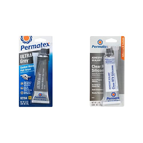 Permatex 82194 Ultra Grey Rigid High-Torque RTV Silicone Gasket Maker, 3.5 oz. & 80050 Clear RTV Silicone Adhesive Sealant, 3 oz