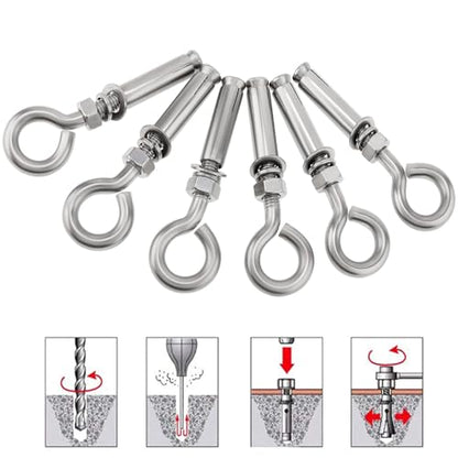 Concrete Eye Bolts 6Pcs, M10 Eyebolt Bolts Stainless Steel Concrete Anchor Eyebolt Screw Hooks, Heavy Duty Brick Anchors Eyebolts Expansion Screw Lifting Ring Bolt Fastener 3/8 for Concrete Wall - size: M10 3/8
