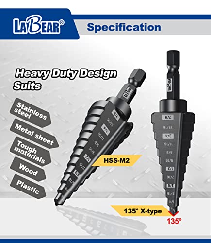 LABEAR - 1/4 to 1-1/8 Inch HSS Step Drill Bit for Metal, Plastic, Wood, Aluminum, Heavy Duty Unibit with Multi Hole Sizes, 1/4 inch Shank, M2 High Speed Steel. - style: 1/4"Dr. 1/4"~1-1/8"