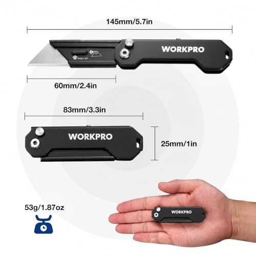 WORKPRO EDC Folding Utility Knife, Mini Box Cutter with Quick Open Axis Lock, Quick Change Blade Razor Knife, Foldable Small Pocket Knife with Belt Clip - color: Black