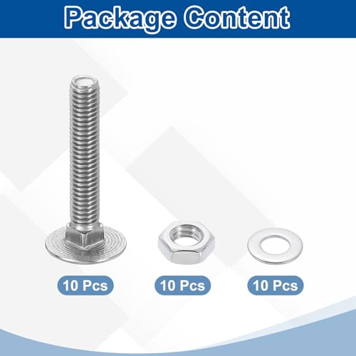 uxcell 10 Set Carriage Bolts and Nuts Kit, M6-1.0x35 Stainless Steel 304 Round Head Square Neck Carriage Bolts Screws and Hex Nuts and Flat Washers - Silver - size: M6-1.0x35mm