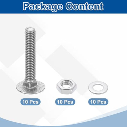 uxcell 10 Set Carriage Bolts and Nuts Kit, M6-1.0x35 Stainless Steel 304 Round Head Square Neck Carriage Bolts Screws and Hex Nuts and Flat Washers - Silver - size: M6-1.0x35mm