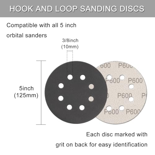 100Pcs 5 Inch Sanding Discs Hook & Loop 8-Hole Wet Dry Sandpaper 600 Grit - style: 100Pcs 600 Grit